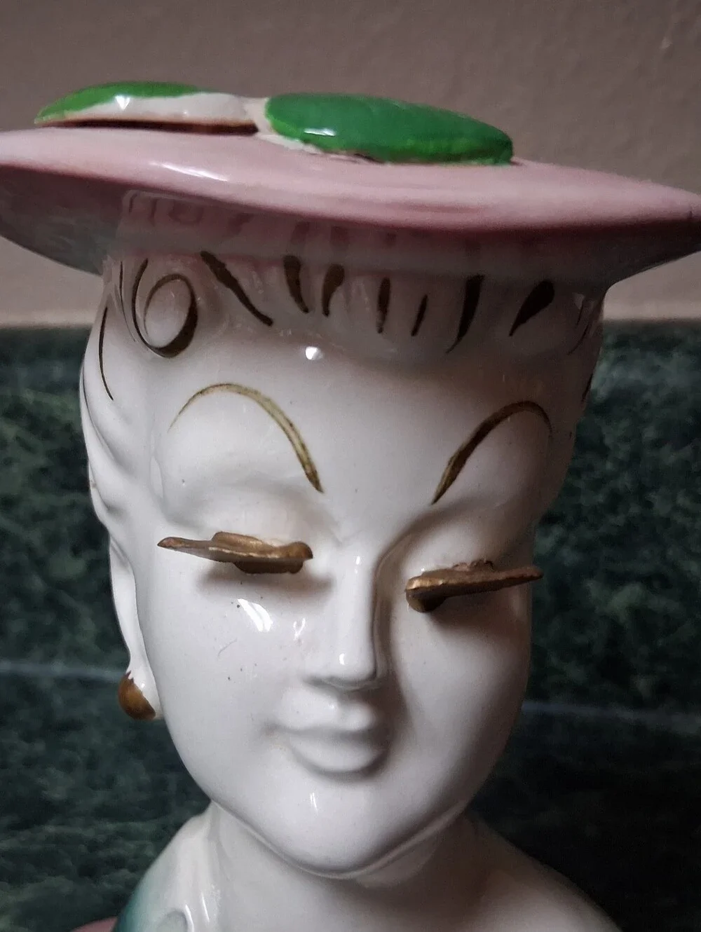 RARE Vintage Elegant Lady HEAD VASE/PLANTER Pink Dress & Hat w Gold Accents